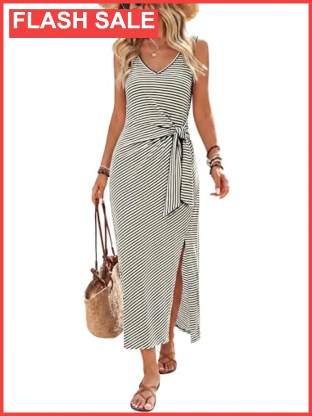 Summer V Neck Sleeveless Casual Tie Waist Midi Dress